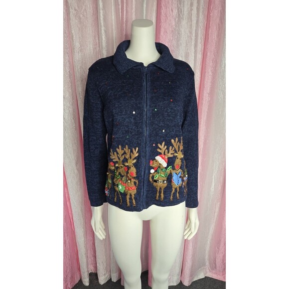Tiara International Vintage Embellished Rhinestone Reindeer Sweater Size Large - Picture 2 of 13